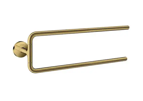 Zweiarmiger Handtuchhalter in polierter Goldoptik, an der Wand montiert, mit einer runden Wandhalterung. Produkt von AXOR.